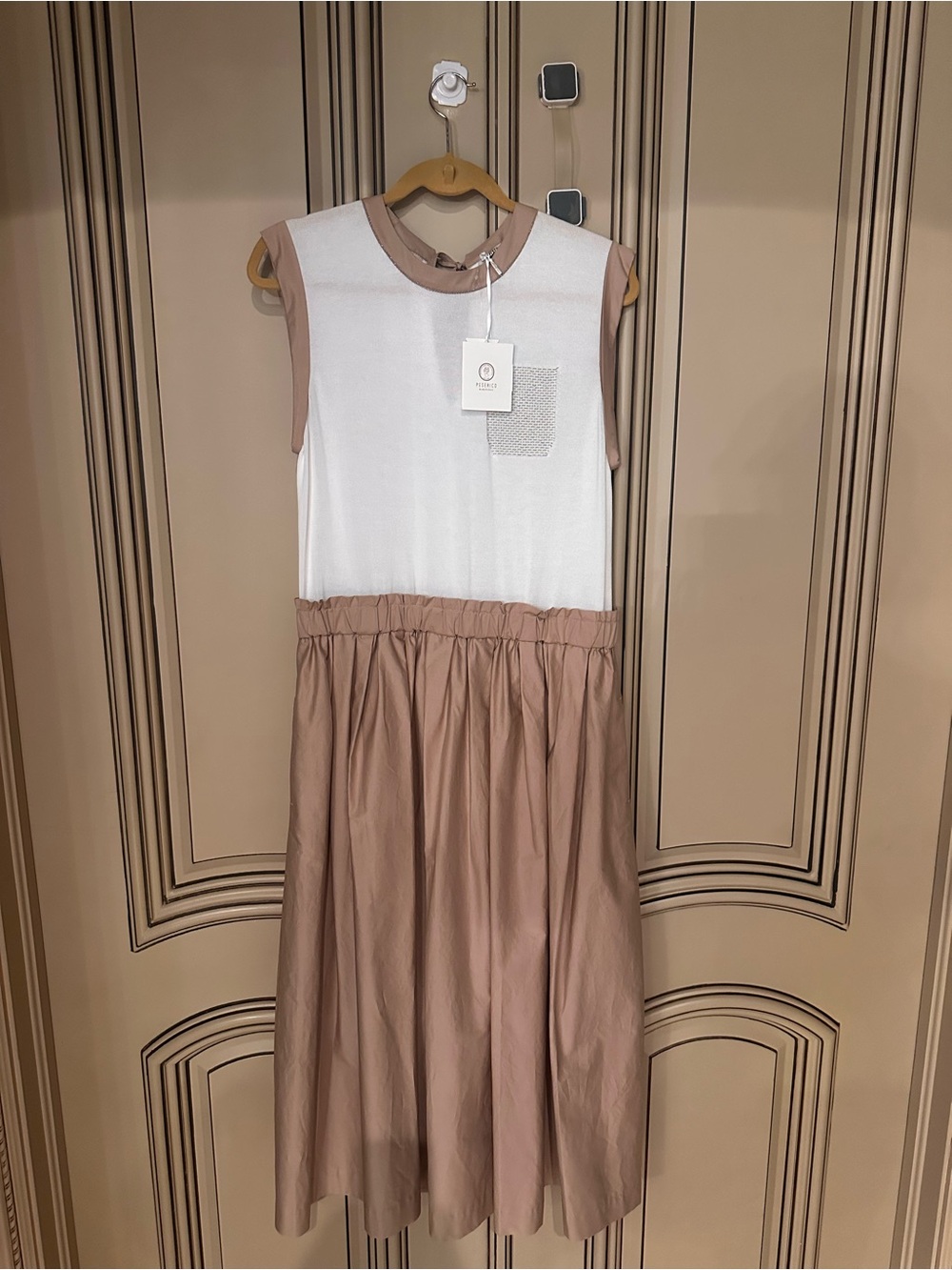 Peserico Sleeveless White Knit Bodice with Taupe Full Skirt Maxi Dress
